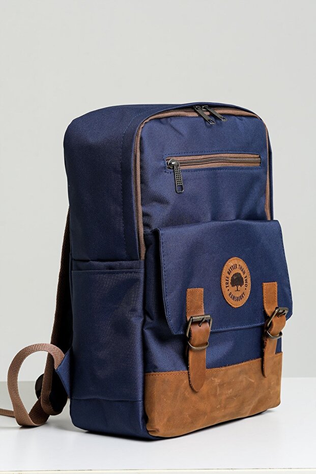 Unisex Navy Blue 100% Genuine Leather Detailed Waterproof 15.6 Inch Multi-Compartment Backpack with Laptop Compartment