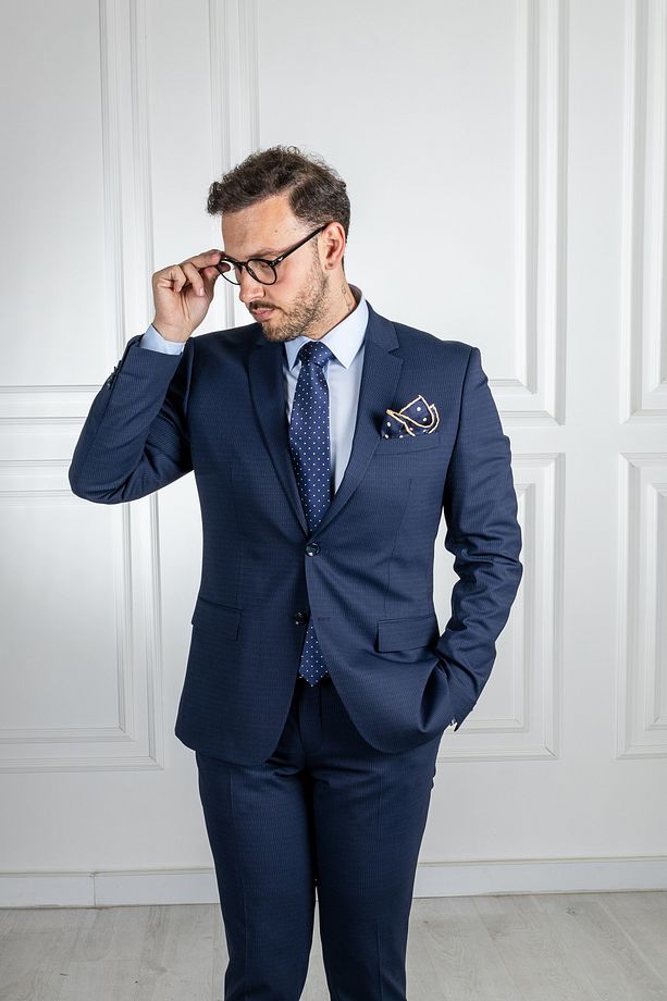 İnterview Sarar Zeus Mono Yaka Slim Fit Lacivert Yün Takım Elbise - 4