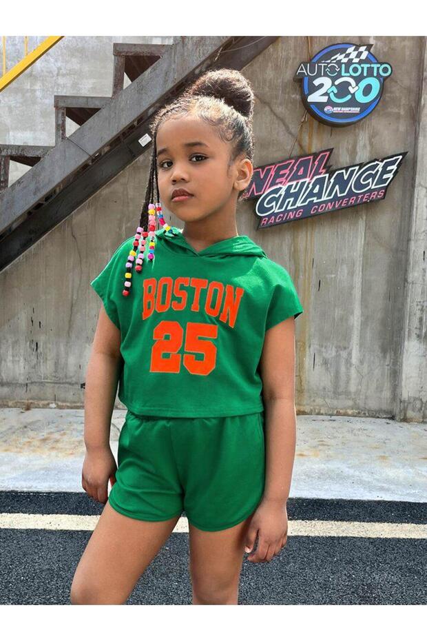 Girls' Green Hooded Shorts and T-shirt Set with Boston25 Printed