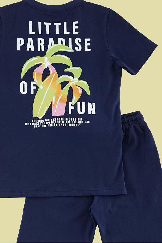 Lacivert Erkek Çocuk %100 Pamuk Tropik Baskılı Örme T-Shirt Şort Alt-Üst Takım TKDSS24AU00005 - 5