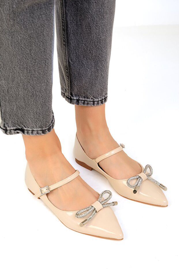 Baleriny damskie ze skóry lakierowanej - Nude, model 19246 - 3