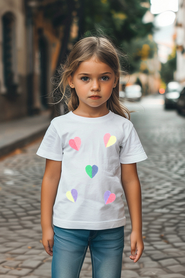Beyaz Kız Çocuk %100 Pamuk Kalp Nakışlı Regular/Normal Kalıp Kısa Kol Örme T-Shirt TKDSS24TS00005 - 1