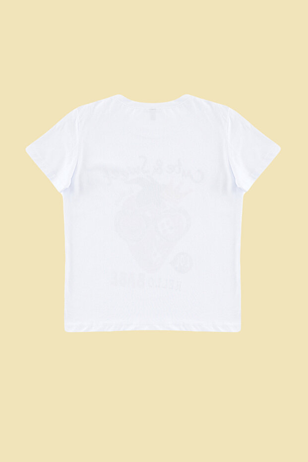 Beyaz Kız Çocuk %100 Pamuk Çilek Desenli Regular/Normal Kalıp Kısa Kol Örme T-Shirt TKDSS24TS00043 - 4