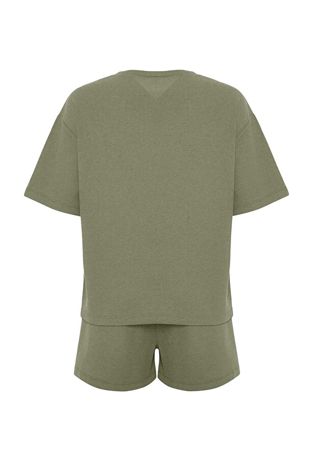Haki Waffle Kumaş Şortlu Örme Pijama Takımı THMSS22PT0524 - 9