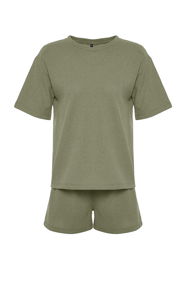 Haki Waffle Kumaş Şortlu Örme Pijama Takımı THMSS22PT0524 - 7
