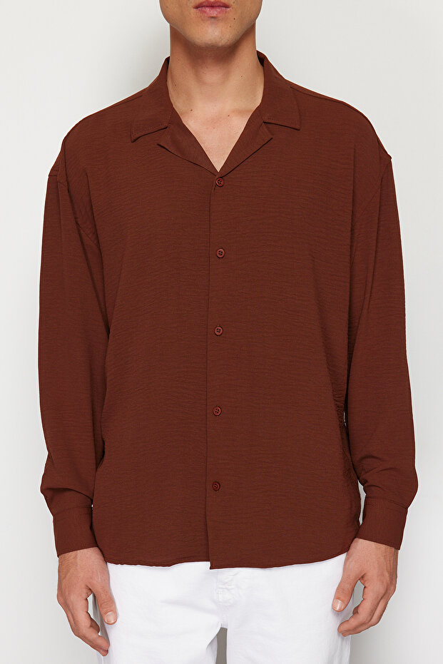 Kahverengi Oversize Fit Apaş Yaka Yazlık Keten Görünümlü Gömlek TMNSS23GO00053 - 4