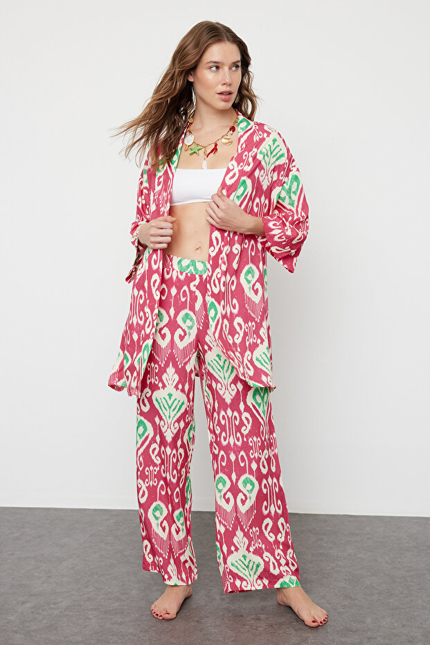 Ethnic Pattern Belted Woven Kimono Pants Beach Suit Tbess24Au00072