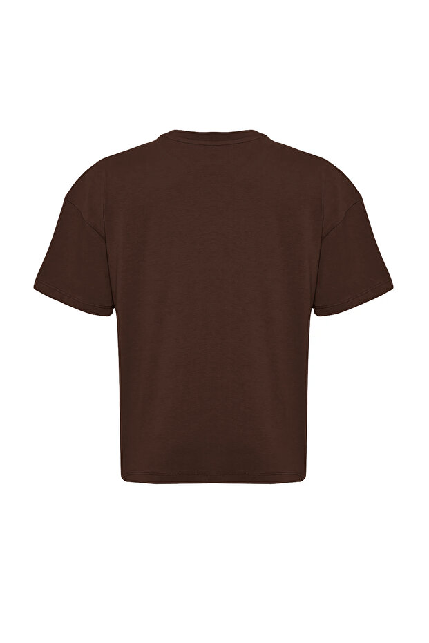Kahverengi %100 Pamuk Slogan Baskılı Relaxed/Geniş Rahat Kesim Örme T-Shirt TWOSS19GH0034 - 11