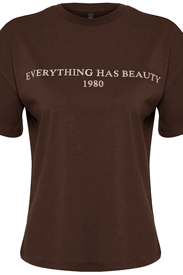 Kahverengi %100 Pamuk Slogan Baskılı Relaxed/Geniş Rahat Kesim Örme T-Shirt TWOSS19GH0034 - 10