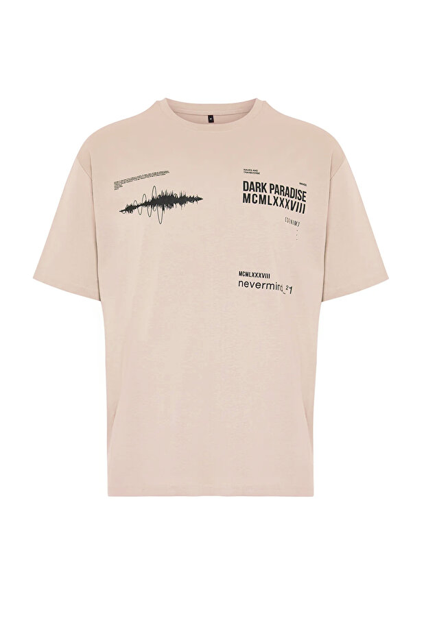 Pudra Oversize/Geniş Kesim Bisiklet Yaka Yazı Baskılı %100 Pamuklu T-Shirt TMNSS20TS1097 - 6