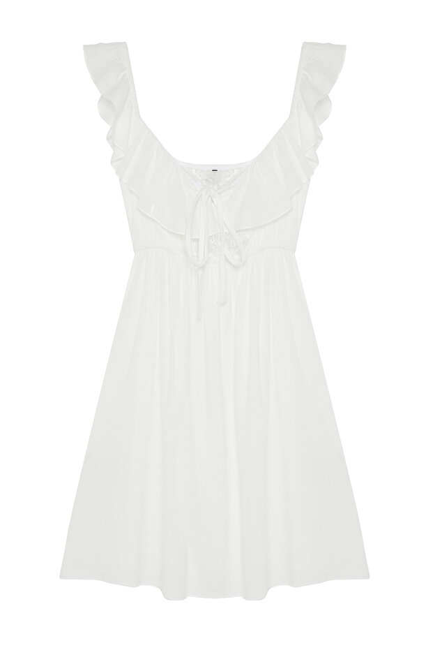 Bride/Bridal Beyaz Dantelli Fırfır Detaylı Kalın Askılı Viskon Dokuma Gecelik THMSS24GC00024 - 7