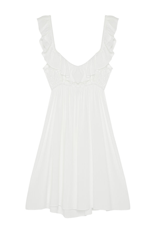 Bride/Bridal Beyaz Dantelli Fırfır Detaylı Kalın Askılı Viskon Dokuma Gecelik THMSS24GC00024 - 8