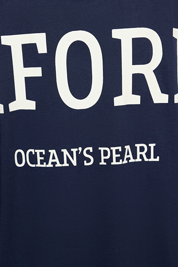 Lacivert %100 Pamuk Sırt Slogan Baskılı Oversize/Geniş Kalıp Örme T-Shirt TWOSS24TS00091 - 6