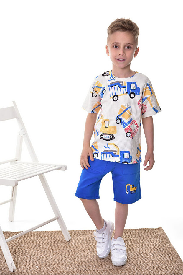 Ekru Erkek Çocuk Pamuklu Araba Desenli T-Shirt-Şort Set Örme Alt-Üst Takım TKDSS24AU00026 - 4