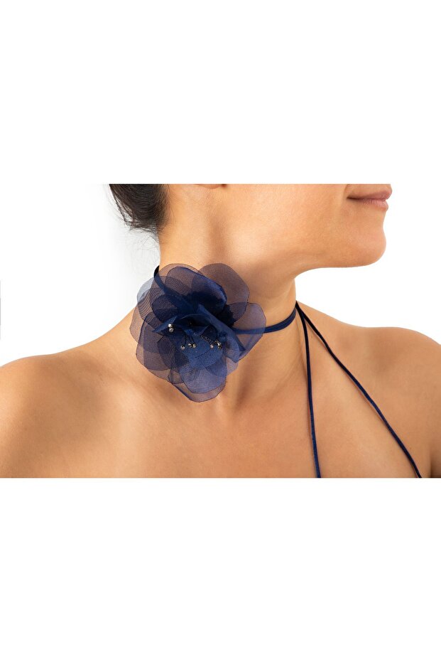 Parisien Navy Blue Flower Choker Necklace
