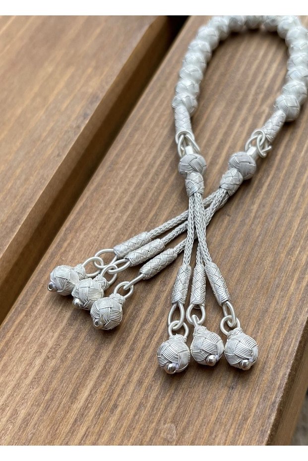 Silver Kazaziye Classic Model Hand Knitted Zaza Rosary with Three Tassels - Collection Rosary