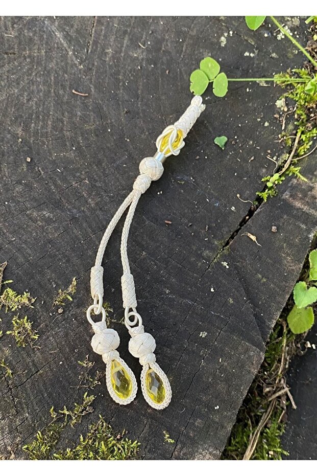 Zirve-I Zircon Yellow Stone Silver Kazaziye Two Pendant Rosary Tassel, Knot Closure