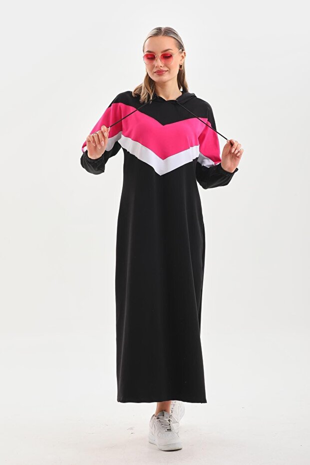 Fuchsia V Pattern Color Blocked Hijab Daily Long Sports Dress