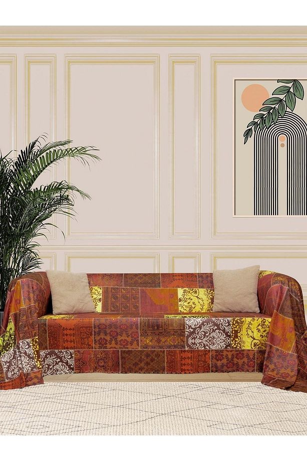 Softmicro Etnik Desenli Boho Kiremit Rengi Koltuk Örtüsü , Kanepe Örtüsü , Koltuk Şalı 180x300 - 1