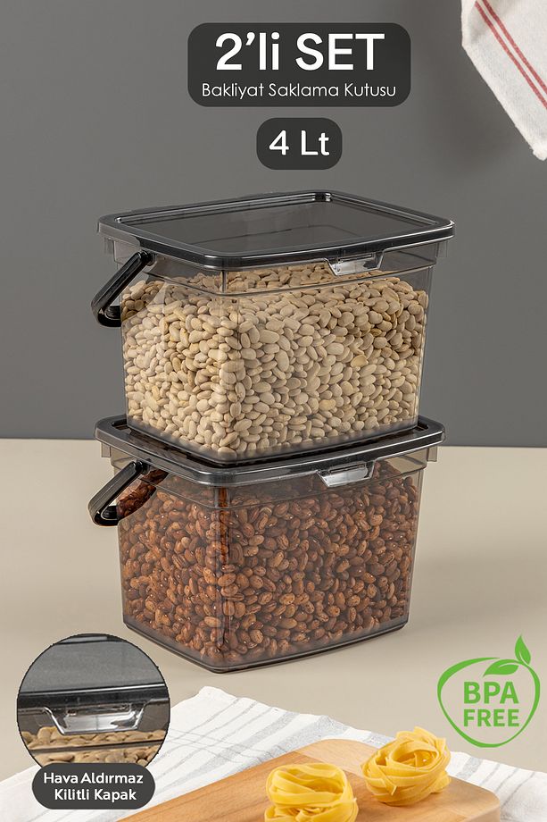 2 Parça Deterjan , Un ve Bakliyat Saklama Kabı-Erzak Saklama Kutusu Platin 2 x 4 Lt - 1
