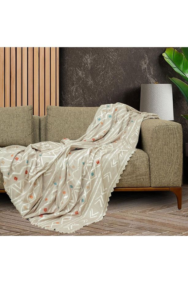 Softmicro Etnik Desenli Boho 180x220 Cm Koltuk Örtüsü Şalı, Kanepe Örtüsü, Tv Battaniyesi Camel - 2