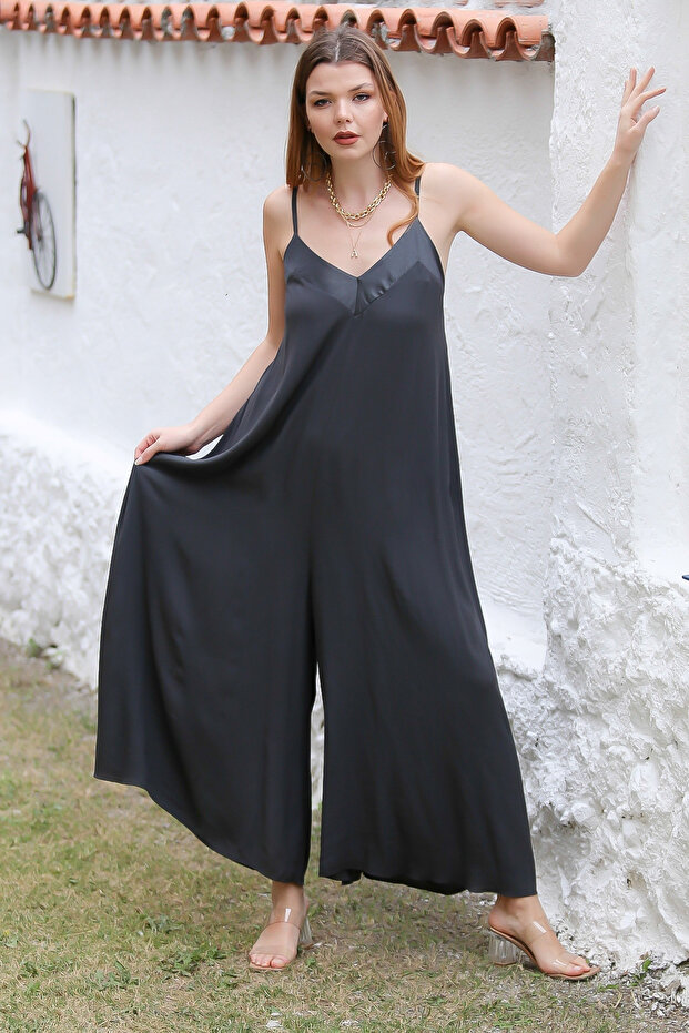 Italian Anthracite V-Neck Strap Woven Wide Leg Casual Viscose Jumpsuit