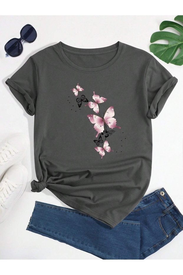 Women's Smoked Flying Butterflies Printed Oversize T-Shirt