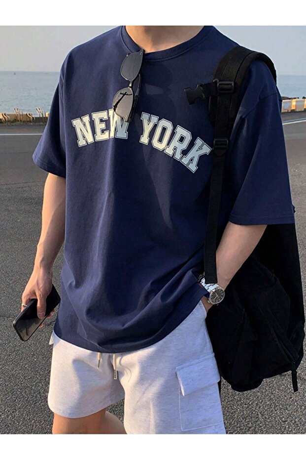 Men's Navy Blue Plain New York Printed Oversized T-Shirt