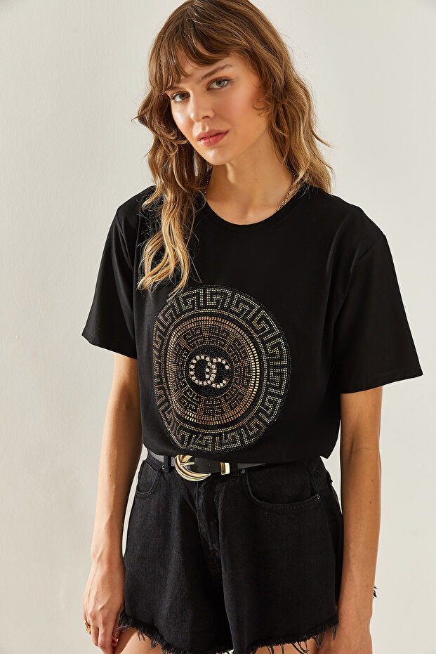 Women's Black Crew Neck Basic Combed Cotton T-Shirt with Stone Detail 60251238