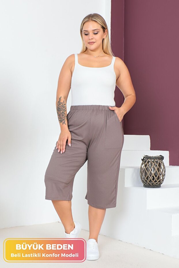 Women's Large Size Elastic Waist Comfort Model with Pockets Comfortable Fit Lycra Cotton Wide Leg Capri