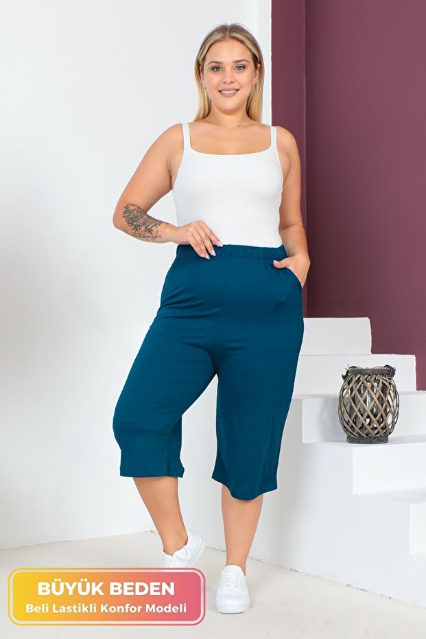 Women's Large Size Elastic Waist Comfort Model with Pockets Comfortable Fit Lycra Cotton Wide Leg Capri