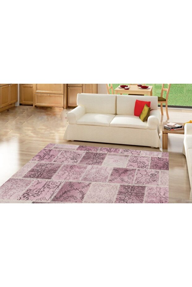 Pembe Dijital Baskı Patchwork Halı - 1