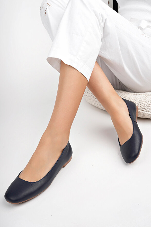 Genuine Leather Navy Blue Women's Leather Ballerinas Dp58-4096