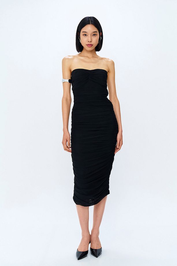 Drape Detaylı Straplez Midi Elbise Siyah - 3