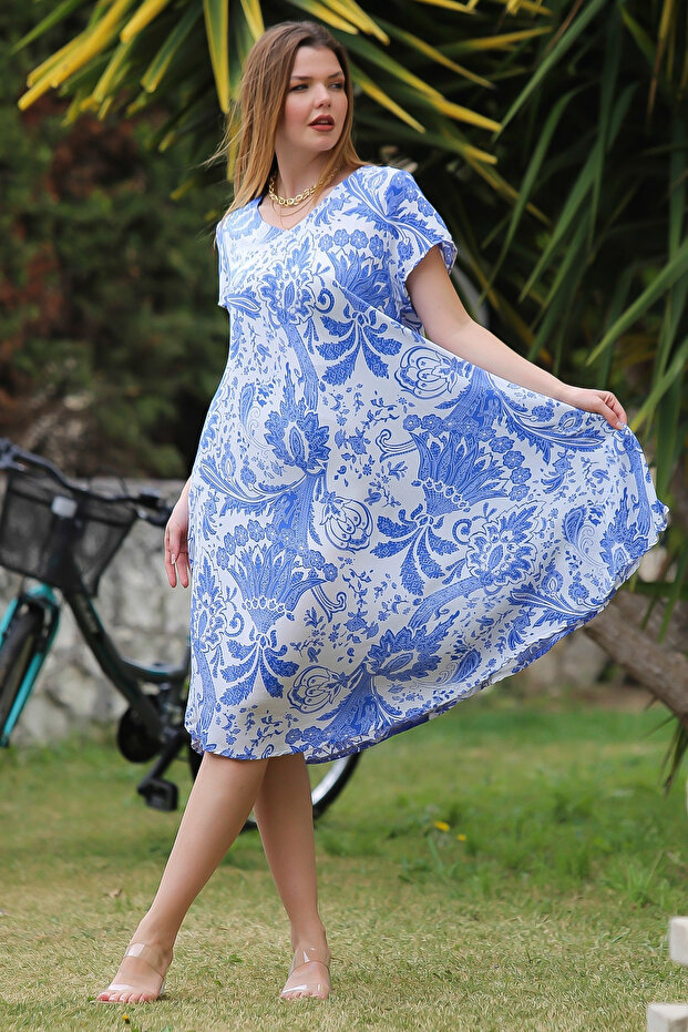 Blue V-Neck Low Sleeve Allover Printed Woven Casual Dress with Oval Skirt