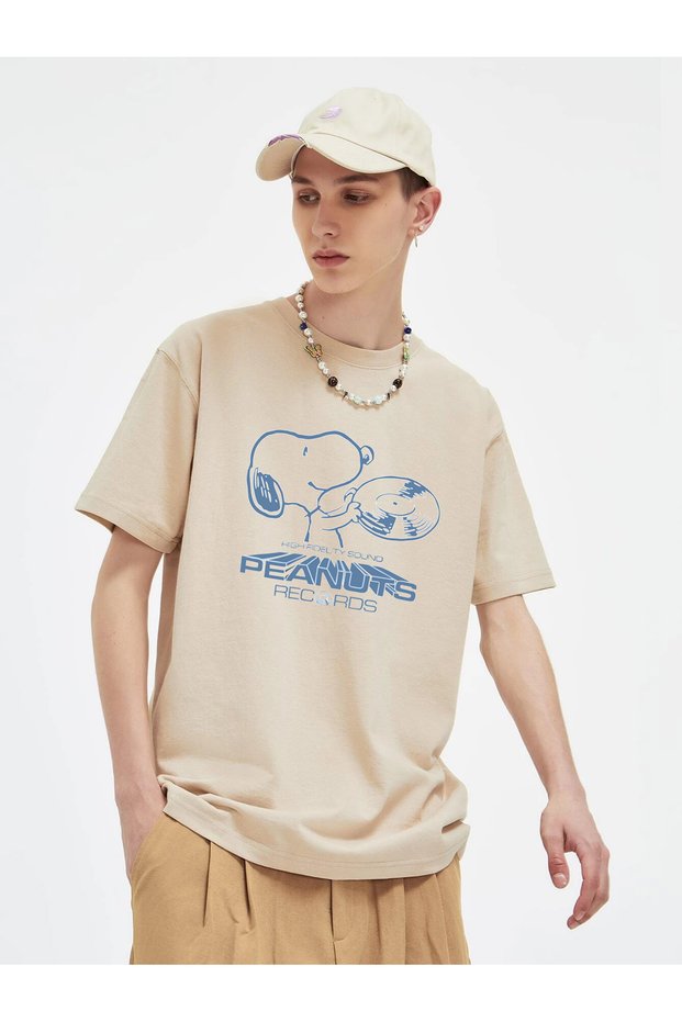Snoopy Peanuts Records Design Oversize Wide Cut T-Shirt-Women's Black and White Loose Combed Cotton T-Shirt
