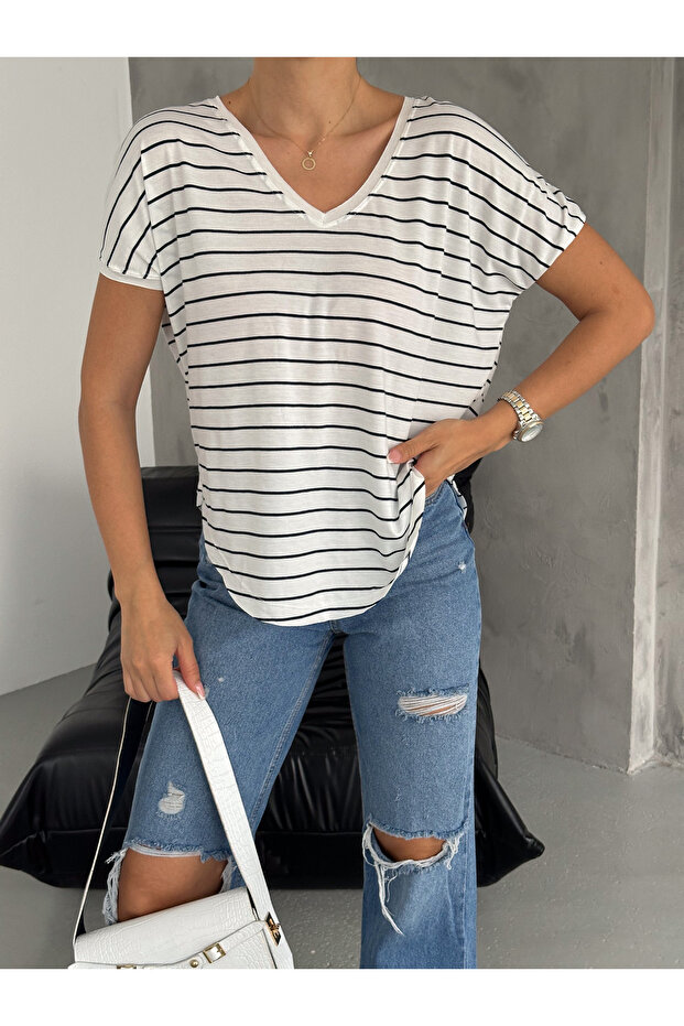 Women's v-neck Drop-Shoulder Striped blouse