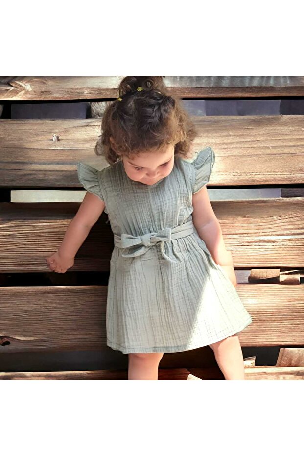 Girl's Ruffle Sleeve Belted Muslin Dress Eid