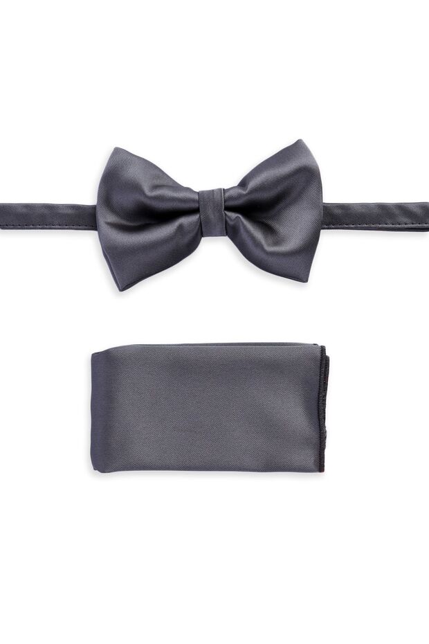 Satin Gray Bow Tie Handkerchief Set