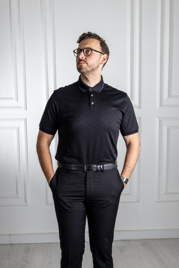 Polo Collar 100% Mercerized Cotton Classic Fit Patterned Black T-Shirt