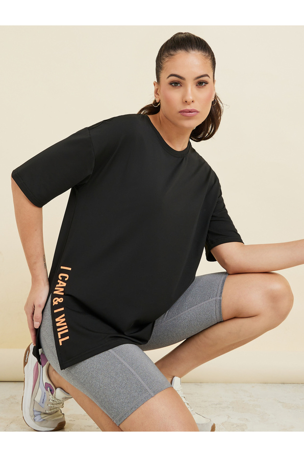 Slogan Side Slit Detail Loose Yoga Fit Top
