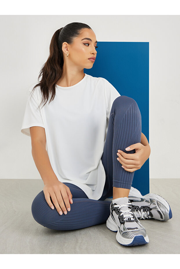 Center Back Minimal Slogan In Line To Stripe Loose Yoga Top