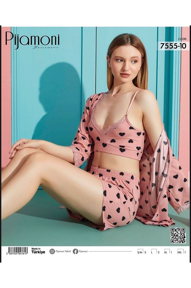 Kadın Milan Kumaş Sabahlıklı Şortlu Pijama Takımı - 1
