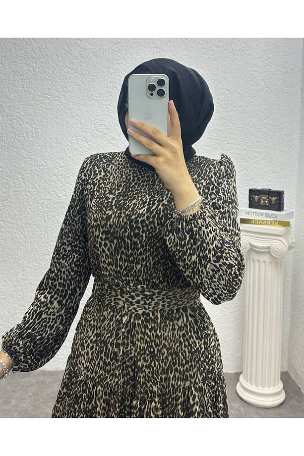 kadın kemerli leopar desenli tesettür elbise NMS006 - 4