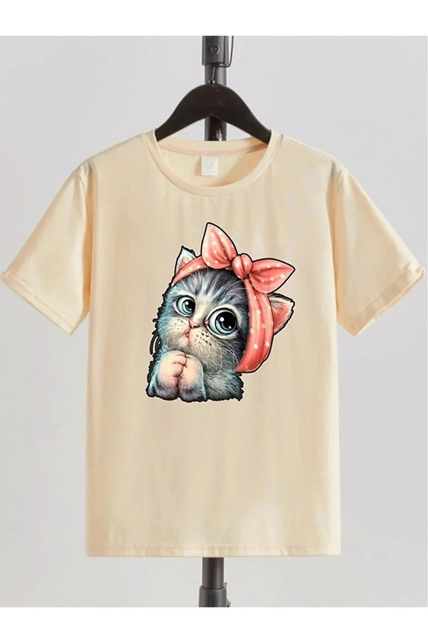 CAT PRINT KIDS T-SHIRT - CREW NECK T-SHIRT