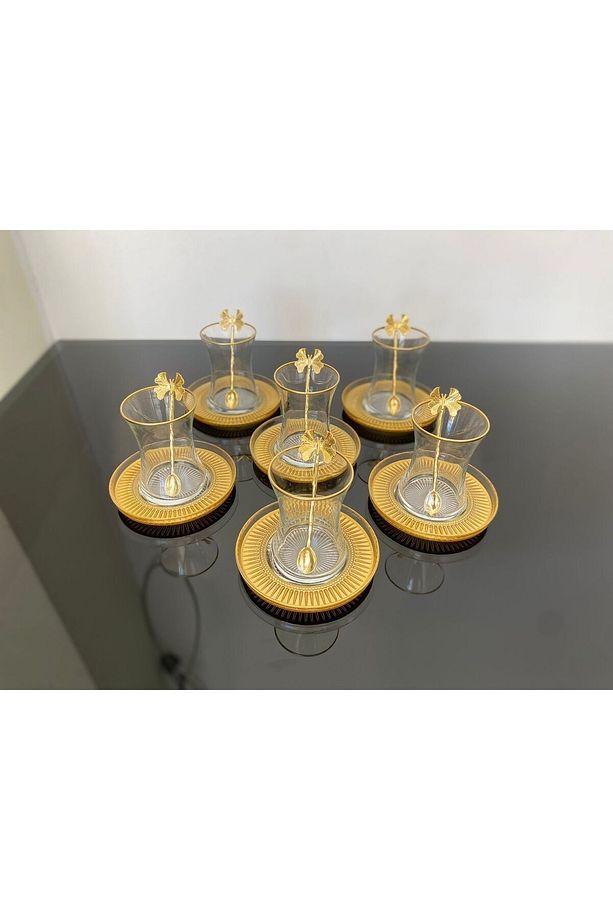 ÇAY SETİ 18 PARÇA TAM BOYALI ELYSİA MODEL TABAK & 6 ADET GOLD KELEBEK ÇAY KAŞIĞI - 4