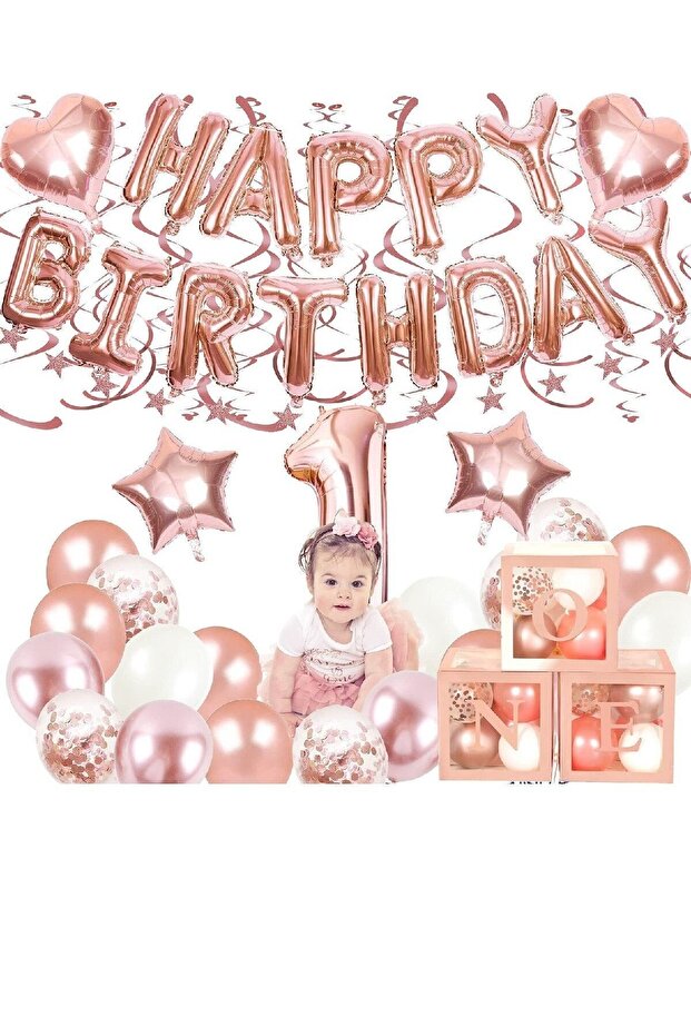 Rose Gold 1 Year Old Balloon Chain Birthday Set Happy Birthday Birthday Set