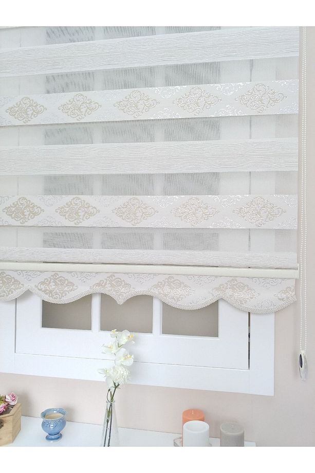 Atölye Perde Krem Gümüş Jakarlı Damask Zebra Stor Perde - 1