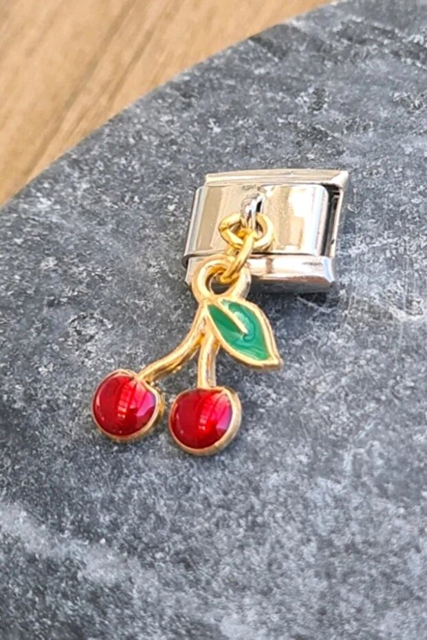Italian Steel Bracelet Charm Pink Enamel Leafed Cherry (1 Pc) 9mm Scb26C