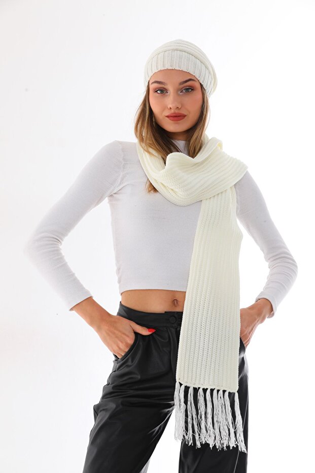Women's Stringed Beret Ecru Thessaloniki Knitted Scarf Set